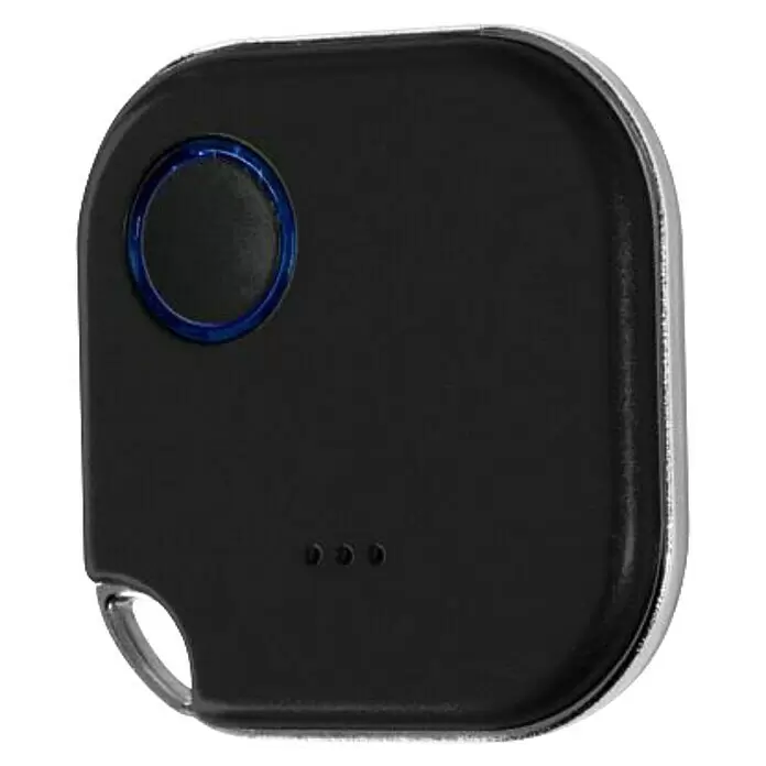 Shelly Schalter BLU Button1 - Schwarz, Batteriebetrieben - Schwarzer smarter Tracker mit blauem Indikatorring und Metallbefestigungsschlaufe.