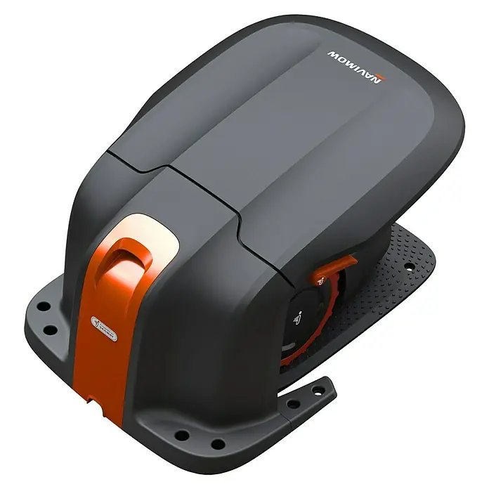 Segway Mähroboter-Garage S1A02E - L x B x H: 820 x 606 x 420 mm, Navimow i Serie - Das Bild zeigt einen MOWINOW Navimow Rasenmähroboter in Grau und Orange. Der Mähroboter ist für die automatische Rasenpflege konzipiert.