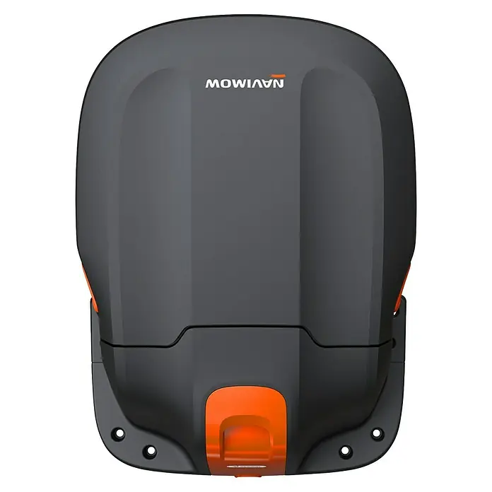 Segway Mähroboter-Garage S1A02E - L x B x H: 820 x 606 x 420 mm, Navimow i Serie - Das Bild zeigt einen Navimow Mähroboter in Grau mit orangen Akzenten. Ein kompakter, autonomer Helfer für den Garten.