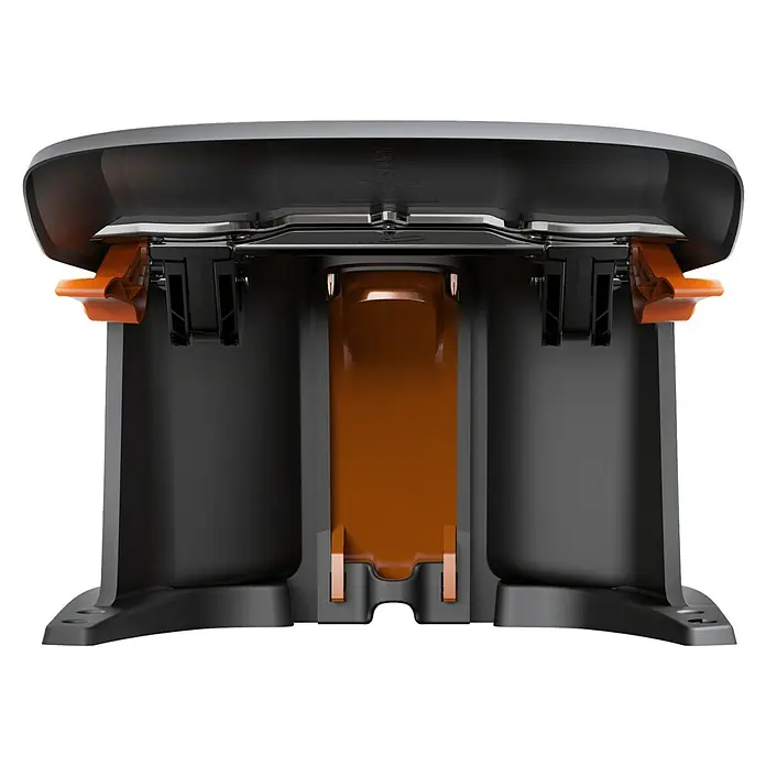 Segway Mähroboter-Garage S1A02E - L x B x H: 820 x 606 x 420 mm, Navimow i Serie - Nahaufnahme einer Rasenmäher-Ladestation in Schwarz und Orange.