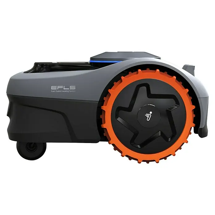 Segway Mähroboter Navimow i105E - 500 m², Schnittbreite: 18 cm, Satellitengestützte Navigation, RTK - Nahaufnahme eines Mähroboters mit grauer Karosserie und orangefarbenen Rädern.