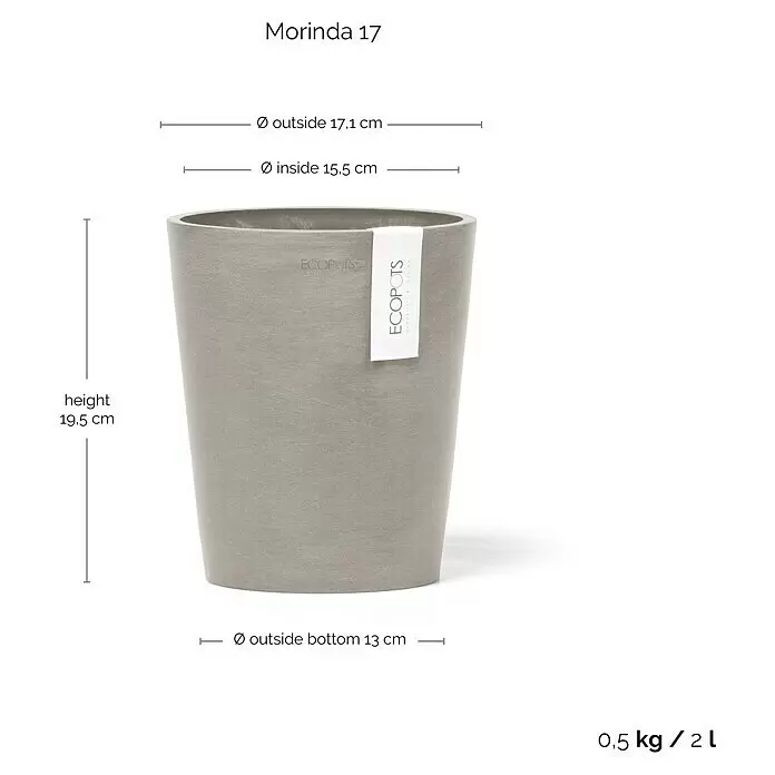 Ecopots Orchideentopf Morinda - Außenmaß (Ø x H): 17,1 x 19,5 cm, Kunststoff, Braungrau - Hellgrauer konischer Blumentopf, Morinda 17, mit Abmessungen und Volumen.