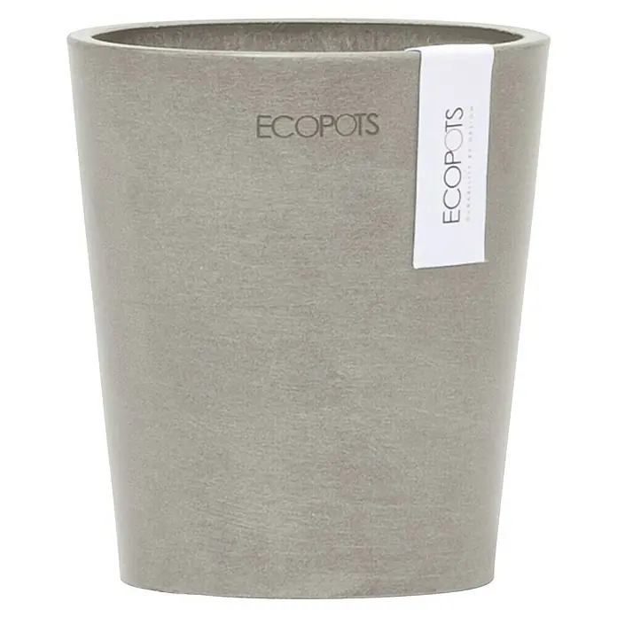 Ecopots Orchideentopf Morinda - Außenmaß (Ø x H): 11 x 12,5 cm, Kunststoff, Braungrau - Grauer, zylindrischer Blumentopf von Ecopots mit einem eleganten, minimalistischen Design und einem weißen Etikett, das die Marke hervorhebt.