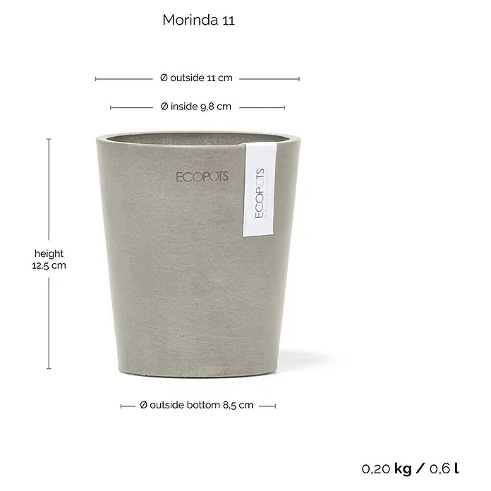 Ecopots Orchideentopf Morinda - Außenmaß (Ø x H): 11 x 12,5 cm, Kunststoff, Braungrau - Abbildung eines grauen ECOPOTS Morinda 11 Blumentopfes mit Größenangaben. Der Topf ist konisch und hat eine minimalistische Form.