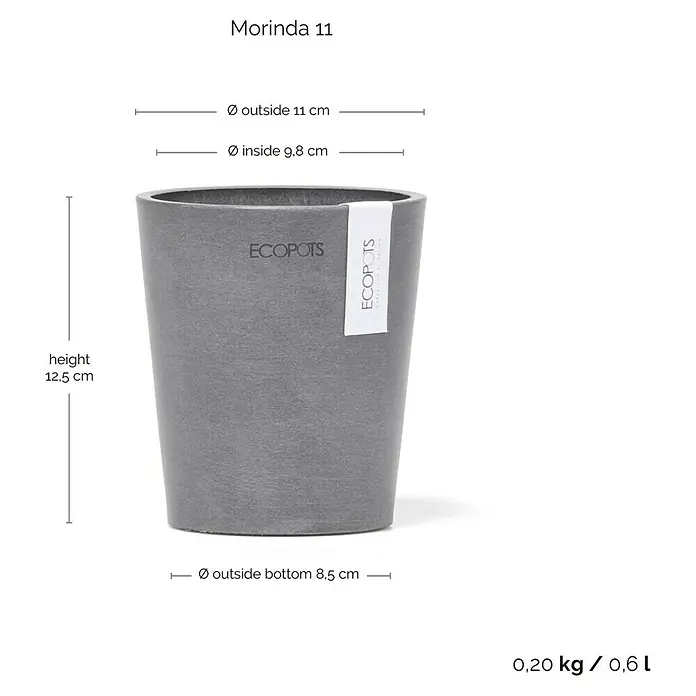 Ecopots Orchideentopf Morinda - Außenmaß (Ø x H): 11 x 12,5 cm, Kunststoff, Grau - Abbildung eines grauen "Morinda 11" Blumentopfs von ECOPOTS mit Größenangaben.