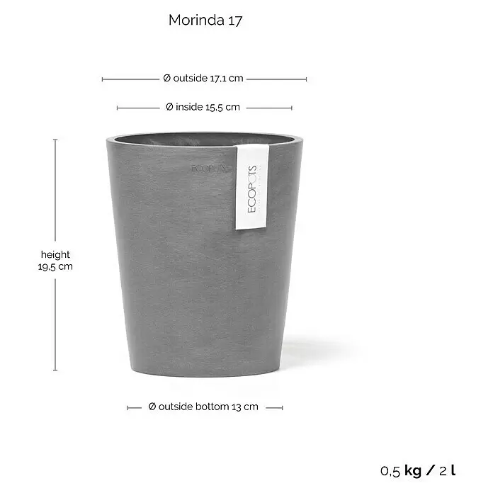 Ecopots Orchideentopf Morinda - Außenmaß (Ø x H): 17,1 x 19,5 cm, Kunststoff, Grau - Grauer konischer Ecopots Pflanztopf mit Etikett, der seine Maße und 0,5kg/2L Fassungsvermögen zeigt.