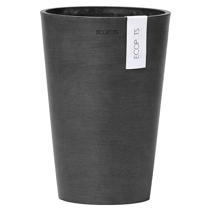 Ecopots Vase Pisa - Ø x H: 14 x 20 cm, Kunststoff, Dunkelgrau - Hoher, dunkelgrauer, texturierter ECOPOTS Pflanztopf mit Markenetikett.