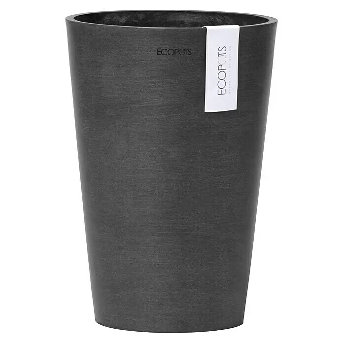 Ecopots Vase Pisa - Ø x H: 17,8 x 25,2 cm, Kunststoff, Dunkelgrau - Dunkelgrauer, strukturierter, konischer Pflanztopf mit ECOPOTS-Etikett.