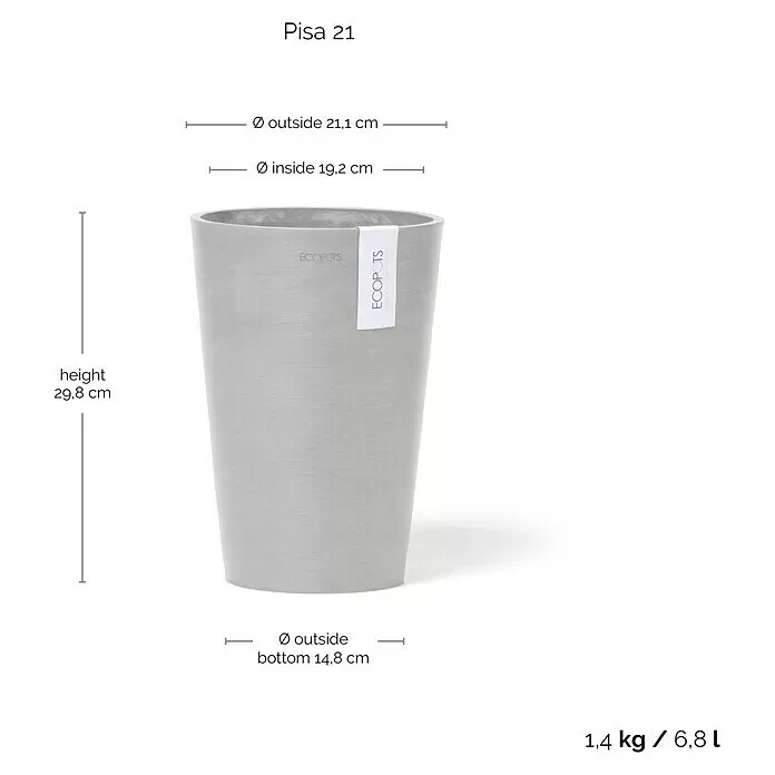 Ecopots Vase Pisa - Ø x H: 21,1 x 29,8 cm, Kunststoff, Weißgrau - Hellgrauer EcoPots Pisa 21 Blumentopf mit Höhen- und Durchmessermaßen.