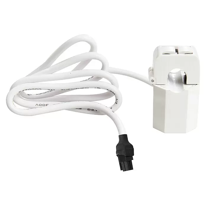 Shelly Wechselstromzähler Pro EM - 50 - 50 A, 110 V - 240 V - Weißer Stromwandler (CT-Klemme) mit angeschlossenem weißem Kabel und schwarzem Stecker.