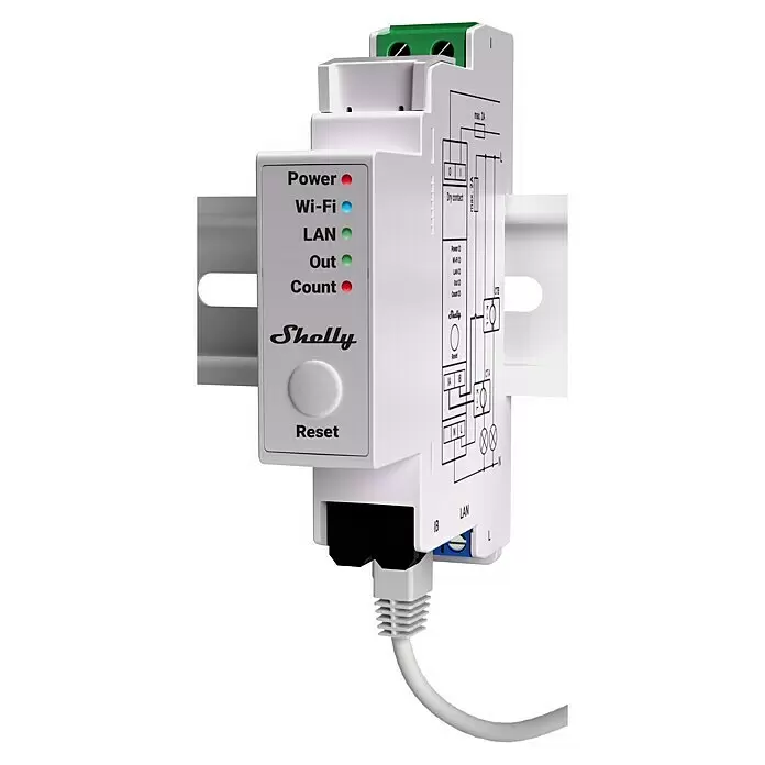 Shelly Wechselstromzähler Pro EM - 50 - 50 A, 110 V - 240 V - Weißes Shelly DIN-Schienen-Smart-Relais mit Status-LEDs, Reset-Taste, Schaltplan und angeschlossenem Ethernet-Kabel.