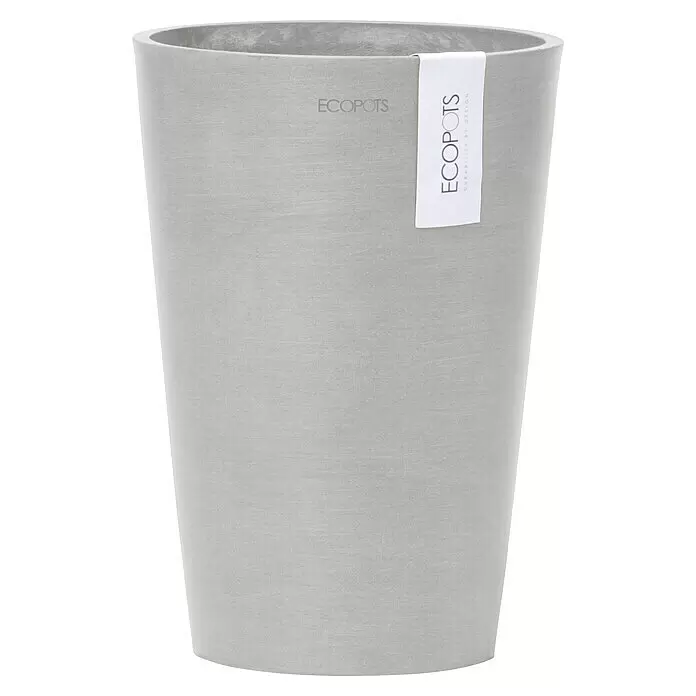 Ecopots Vase Pisa - Ø x H: 14 x 20 cm, Kunststoff, Weißgrau - Hellgrauer Ecobots Blumentopf mit Beton-Optik und Markenetikett.