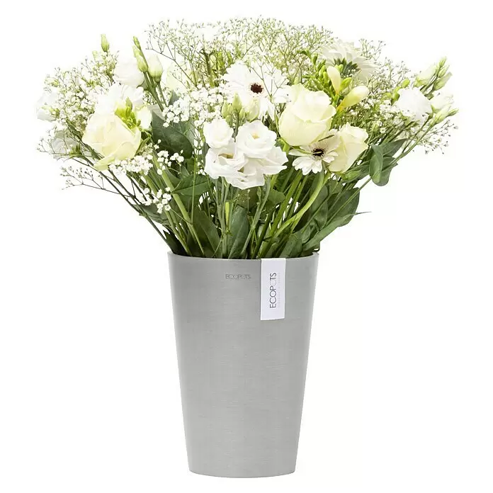 Ecopots Vase Pisa - Ø x H: 21,1 x 29,8 cm, Kunststoff, Weißgrau - Weißer Blumenstrauß in hellgrauem Topf.