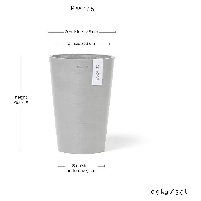 Ecopots Vase Pisa - Ø x H: 17,8 x 25,2 cm, Kunststoff, Weißgrau - Hellgrauer ECOPOTS Pisa 17.5 Pflanzkübel mit Maßen und Volumen. Ideal für Pflanzen.