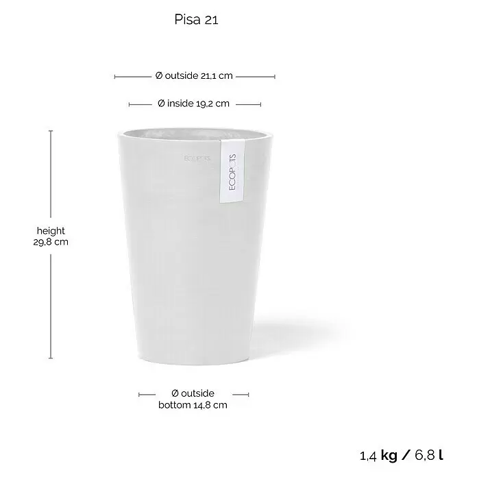 Ecopots Vase Pisa - Ø x H: 21,1 x 29,8 cm, Kunststoff, Weiß - Hoher, hellgrauer Pisa 21 Blumentopf mit texturierter, betonähnlicher Oberfläche.