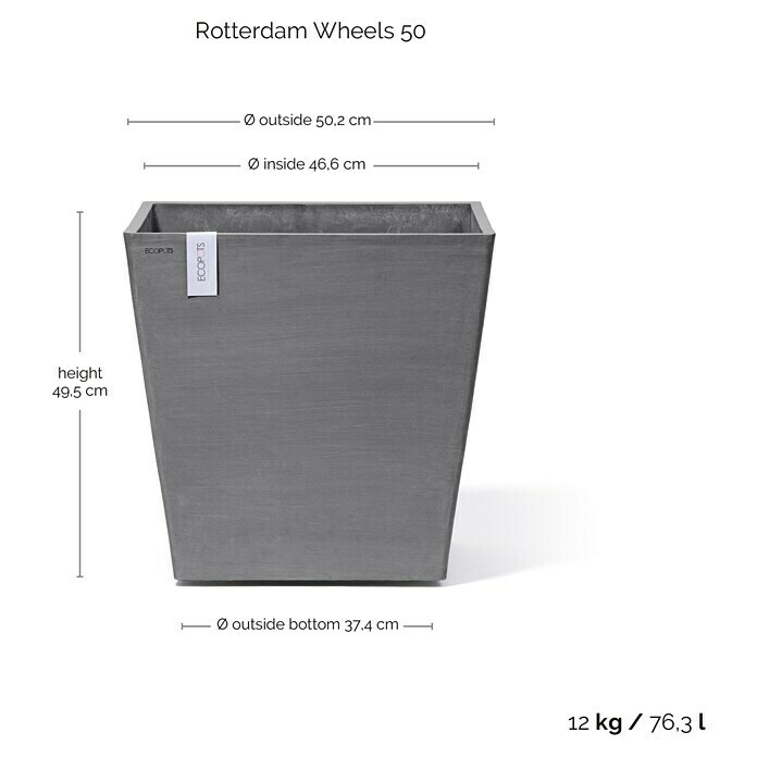 Ecopots Rotterdam Pflanzkasten mit Rollen (Außenmaß (L x B x H): 50 x 50 x 49,7 cm, Kunststoff, Grau) | BAUHAUS