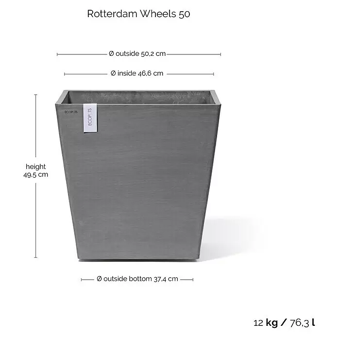 Ecopots Rotterdam Pflanzkasten mit Rollen - Außenmaß (L x B x H): 50,2 x 50,2 x 49,5 cm, Kunststoff, Grau - Grauer, rechteckiger, konischer ECOPOTS Pflanzkübel, Modell 'Rotterdam Wheels 50', mit detaillierten Maßen für Oberseite, Boden und Höhe.