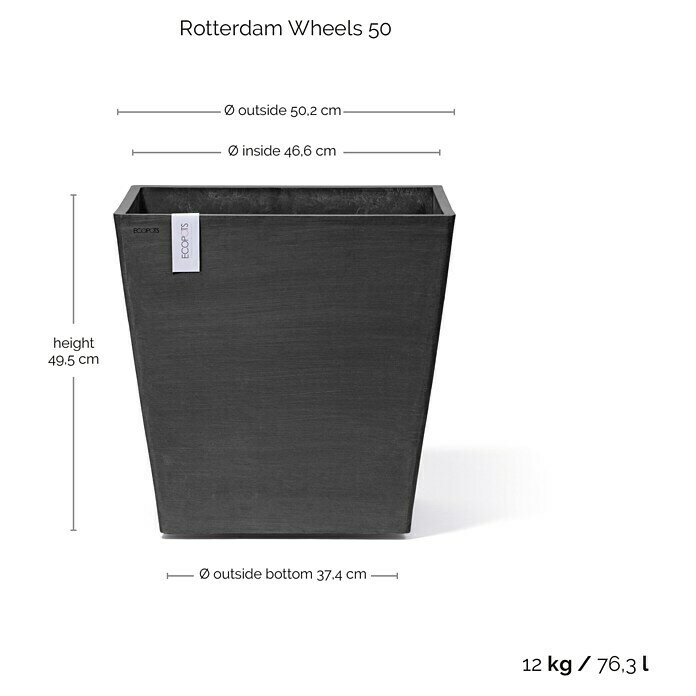 Ecopots Rotterdam Pflanzkasten mit Rollen (Außenmaß (L x B x H): 50 x 50 x 49,7 cm, Kunststoff, Dunkelgrau) | BAUHAUS