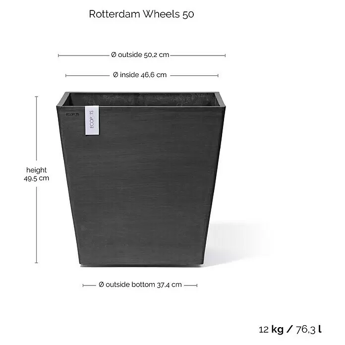 Ecopots Rotterdam Pflanzkasten mit Rollen - Außenmaß (L x B x H): 50,2 x 50,2 x 49,5 cm, Kunststoff, Dunkelgrau - Dunkelgrauer ECOPOTS Rotterdam Wheels 50 quadratischer Pflanzkübel mit Maßen, Gewicht und Volumen beschriftet.