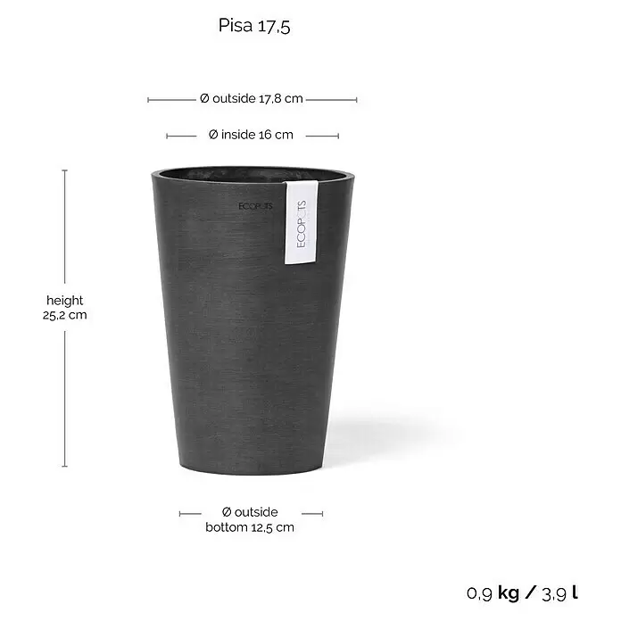 Ecopots Vase Pisa - Ø x H: 17,8 x 25,2 cm, Kunststoff, Dunkelgrau - Anthrazitfarbener, konischer Pflanztopf mit Maßen.