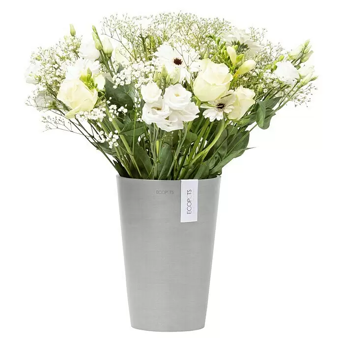 Ecopots Vase Pisa - Ø x H: 17,8 x 25,2 cm, Kunststoff, Weißgrau - Weißer Blumenstrauß in grauem ECOPOTS Übertopf.