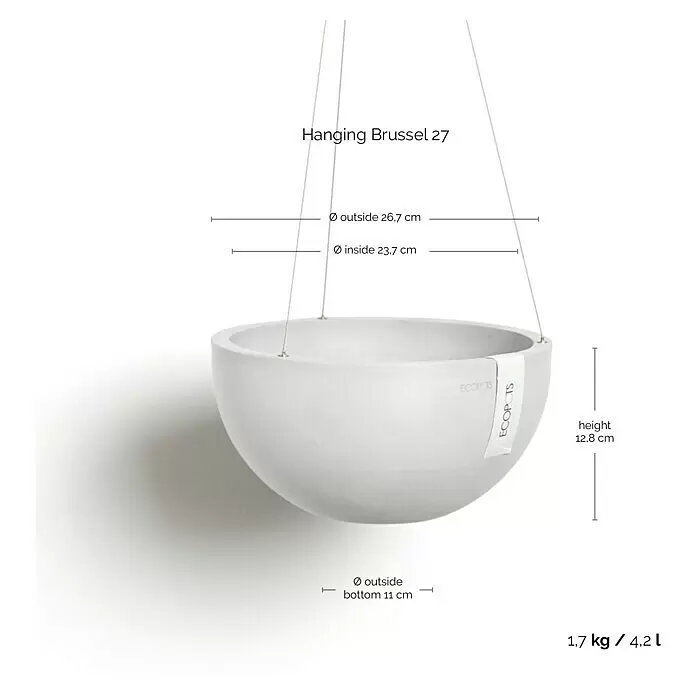 Ecopots Brussels Blumenampel Brussel - Ø x H: 26,7 x 12,8 cm, Kunststoff, Weiß - Ein hellgrauer, schalenförmiger ECOPOTS Hängepflanzentopf.