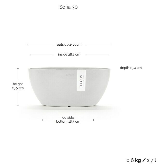 Ecopots Sofia Pflanzschale Oval (L x B x H: 30 x 13 x 13,5 cm, Weiß) | BAUHAUS