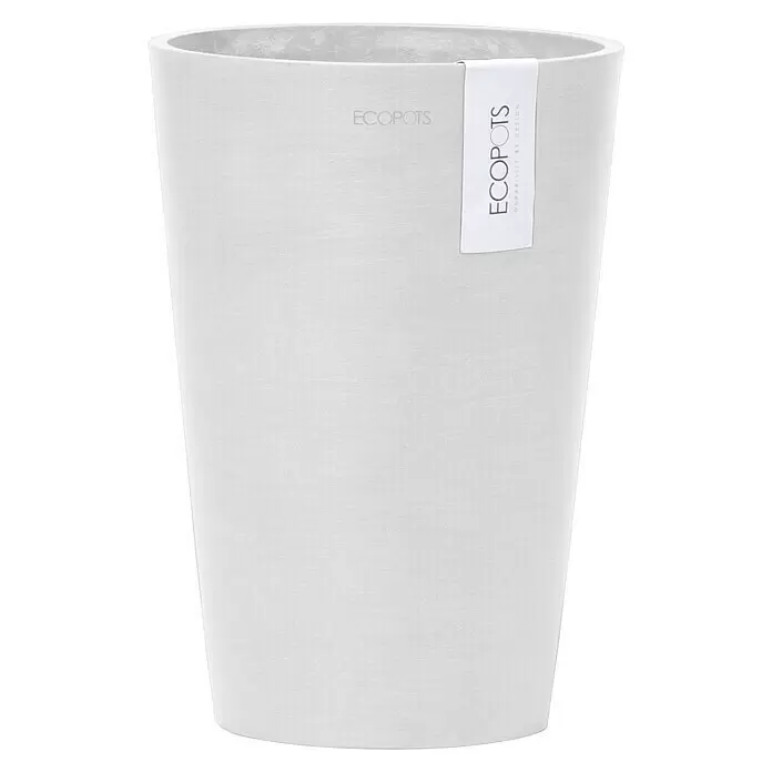Ecopots Vase Pisa - Ø x H: 14 x 20 cm, Kunststoff, Weiß - Hellgrauer ECOPOTS Blumentopf mit Textur und Etikett.
