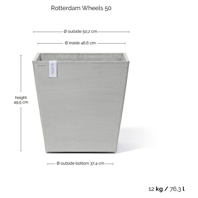 Ecopots Rotterdam Pflanzkasten mit Rollen (Außenmaß (L x B x H): 50 x 50 x 49,7 cm, Kunststoff, Weißgrau) | BAUHAUS