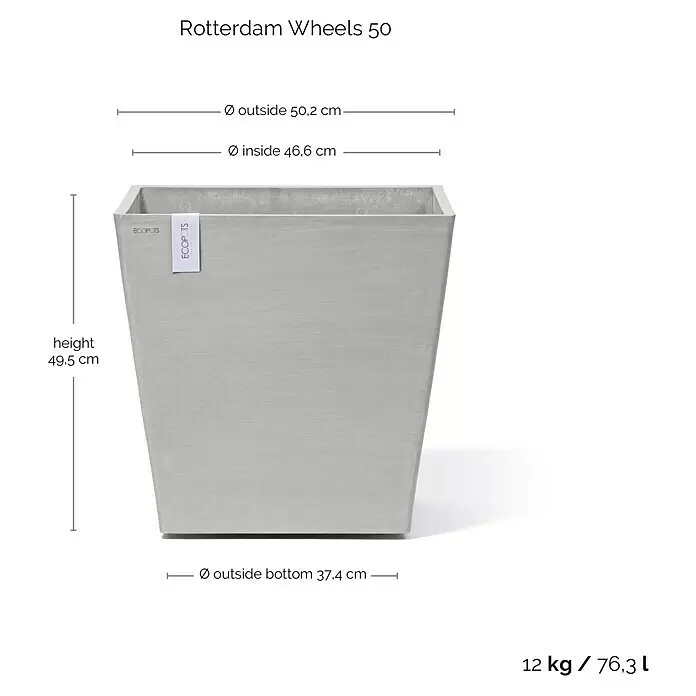 Ecopots Rotterdam Pflanzkasten mit Rollen - Außenmaß (L x B x H): 50,2 x 50,2 x 49,5 cm, Kunststoff, Weißgrau - Grauer, konischer Pflanzkübel. H 49,5 cm, oben Ø 50,2 cm, unten Ø 37,4 cm, 12 kg, 76,3 L Fassungsvermögen.
