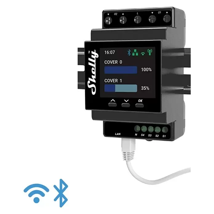 Shelly Schaltcontroller Pro Dual Cover / Shutter PM - 110 V - 240 V, 16 A - Schwarzes Shelly Smart-Home-DIN-Schienenmodul mit Display, das Abdeckungsstatus, WLAN, Bluetooth und LAN anzeigt.