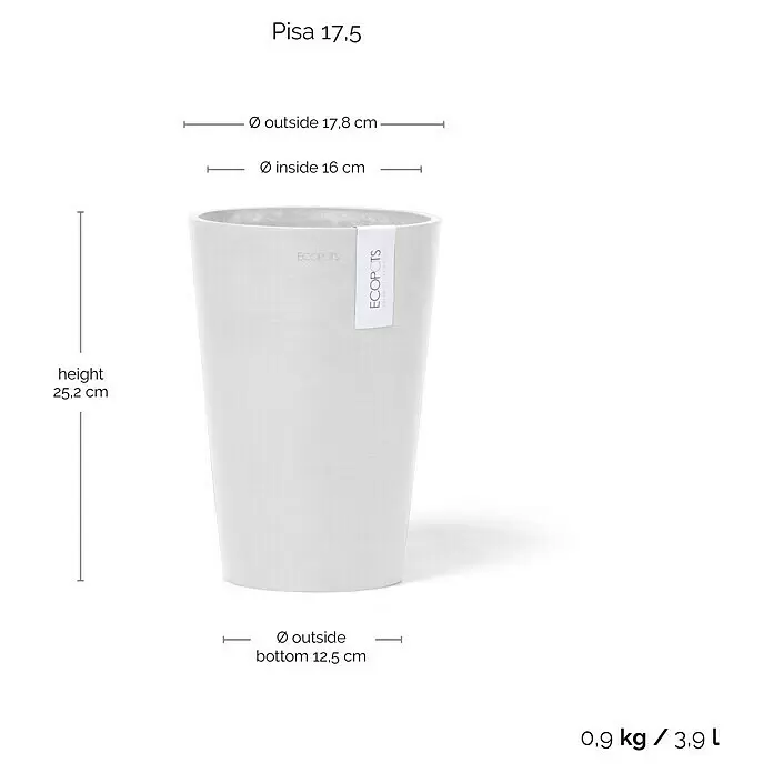 Ecopots Vase Pisa - Ø x H: 17,8 x 25,2 cm, Kunststoff, Weiß - Weißer Ecopots Pisa 17.5 Pflanztopf, H 25,2cm, oben Ø 17,8cm (innen Ø 16cm), unten Ø 12,5cm, 0,9kg, 3,9L Fassungsvermögen.
