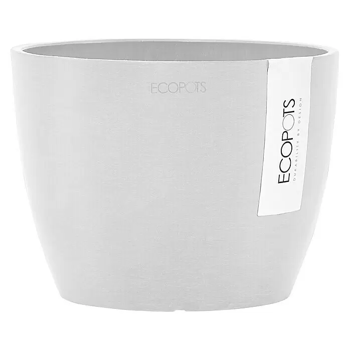 Ecopots Pflanztopf Stockholm - Außenmaß (Ø x H): 16,2 x 12 cm, Kunststoff, Weiß - Hellgrauer ECOPOTS Pflanztopf mit strukturierter Oberfläche und Markenetikett.
