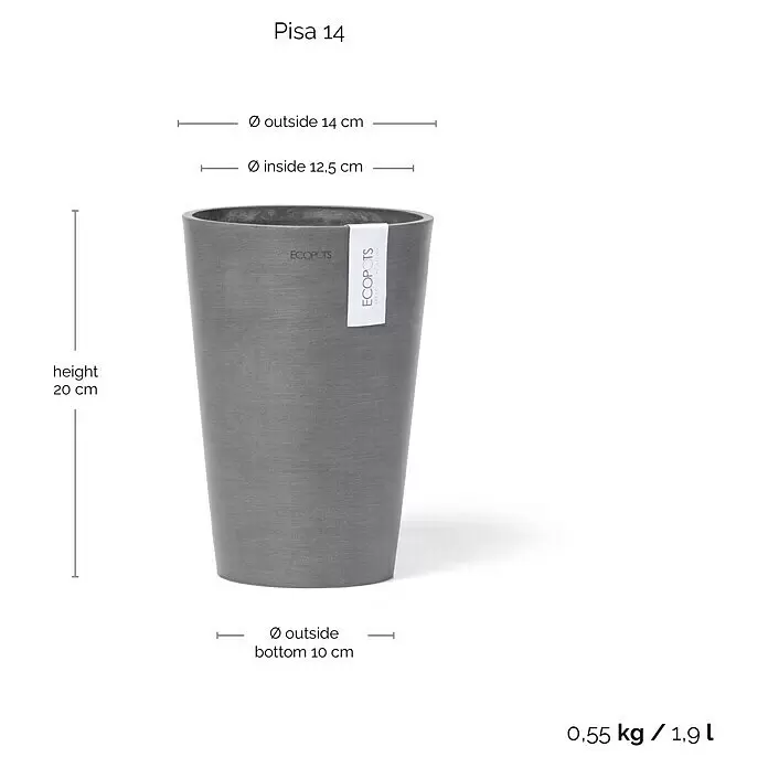 Ecopots Vase Pisa - Ø x H: 14 x 20 cm, Kunststoff, Grau - Ein grauer ECOPOTS Pisa 14 Blumentopf mit Maßen und 1,9 L Fassungsvermögen.