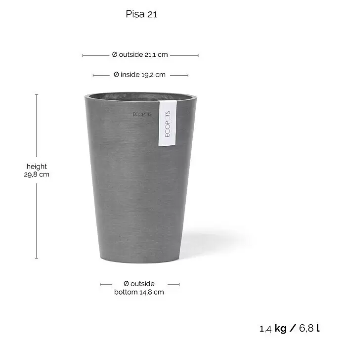 Ecopots Vase Pisa - Ø x H: 21,1 x 29,8 cm, Kunststoff, Grau - Grauer konischer Pflanzkübel mit ECOPOTS-Etikett, Maße und Volumen angebend.