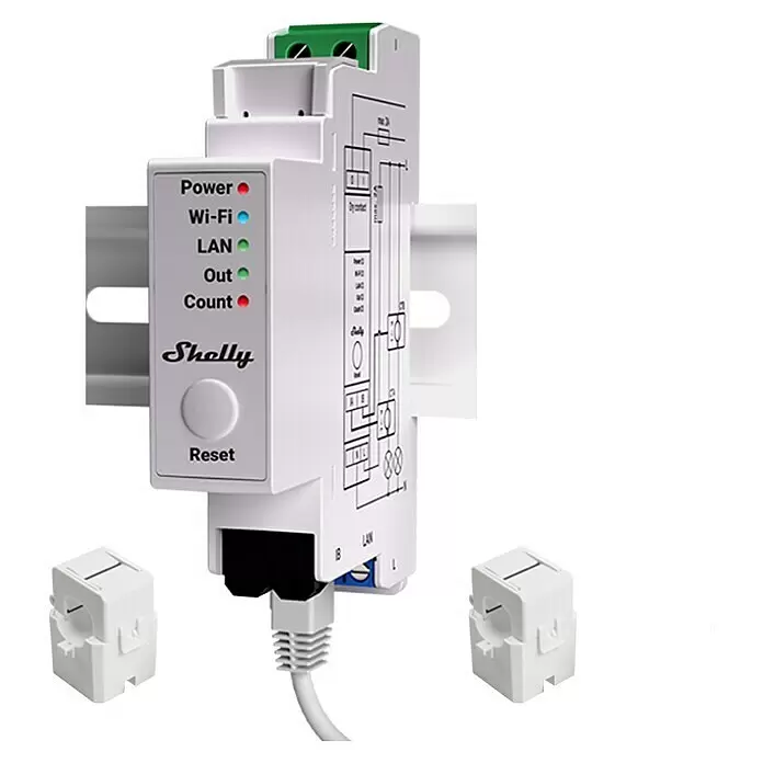 Shelly Wechselstromzähler Pro EM - 50 - 50 A, 110 V - 240 V - Weißer Shelly DIN-Schienen-Energiezähler mit Status-LEDs, Reset-Taste, Ethernet-Port und zwei Stromwandlern.
