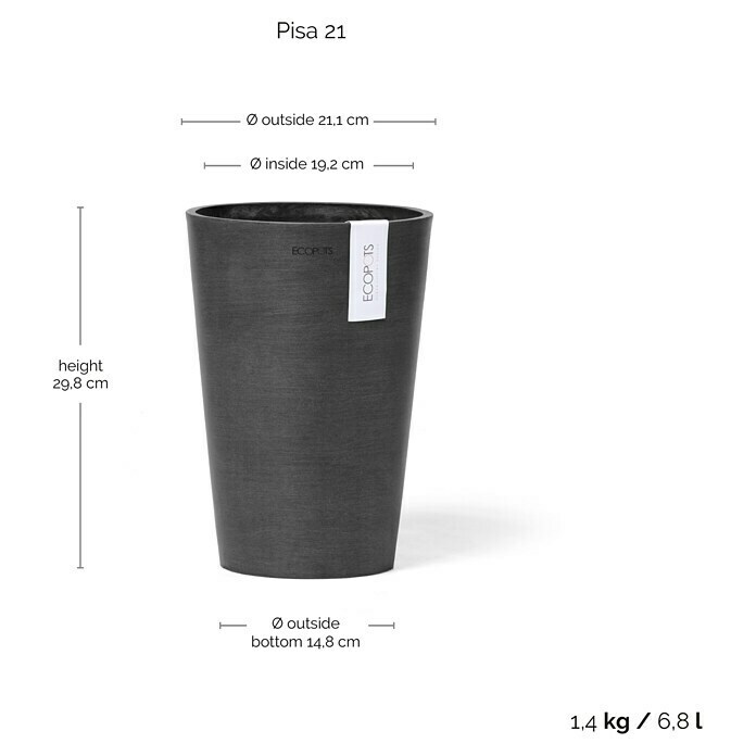 Ecopots Vase Pisa (Ø x H: 21,1 x 29,8 cm, Kunststoff, Dunkelgrau) | BAUHAUS