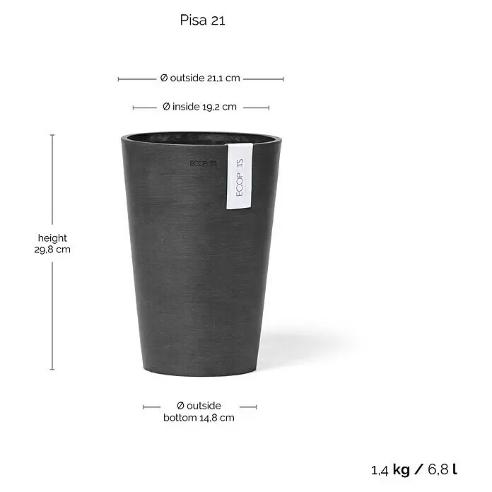 Ecopots Vase Pisa - Ø x H: 21,1 x 29,8 cm, Kunststoff, Dunkelgrau - Dunkelgrauer, texturierter ECOPOTS Blumentopf 'Pisa 21', 29,8 cm hoch, 21,1 cm Durchmesser, 6,8 L Volumen.