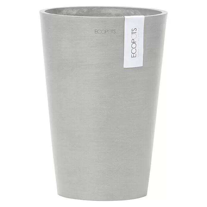 Ecopots Vase Pisa - Ø x H: 17,8 x 25,2 cm, Kunststoff, Weißgrau - Hoher, hellgrauer, strukturierter Pflanzkübel mit dezentem Markenetikett.