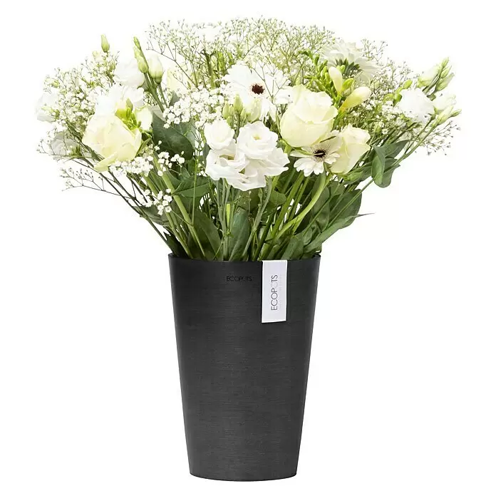 Ecopots Vase Pisa - Ø x H: 21,1 x 29,8 cm, Kunststoff, Dunkelgrau - Weiße Blumen in einer dunkelgrauen Ecopots Vase mit Markenetikett.