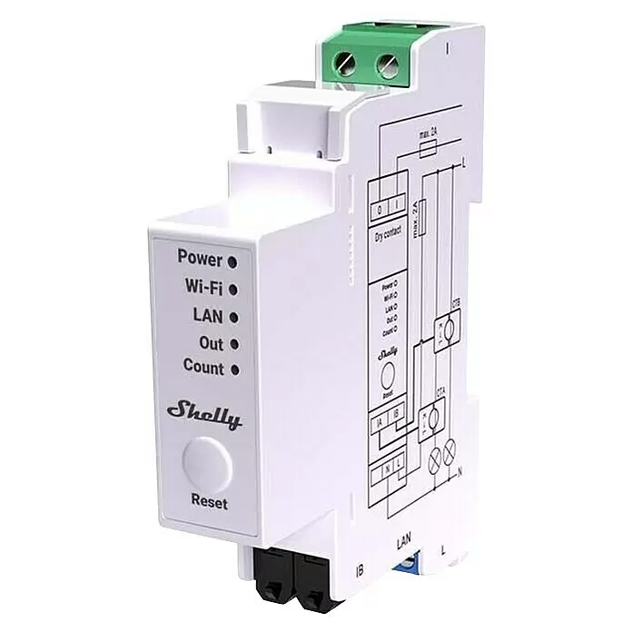 Shelly Wechselstromzähler Pro EM - 50 - 50 A, 110 V - 240 V - Weißes Shelly Smart-Home-Gerät für DIN-Schiene mit Status-LEDs und Schaltplan an der Seite.