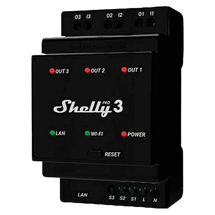 Shelly Relais-Modul Pro 3 - 110 V - 240 V, 48 A - Schwarzes Shelly Pro 3 Smart-Relaismodul für DIN-Schienenmontage, mit Status-LEDs für Ausgänge, LAN, Wi-Fi und Strom, plus Anschlussklemmen.