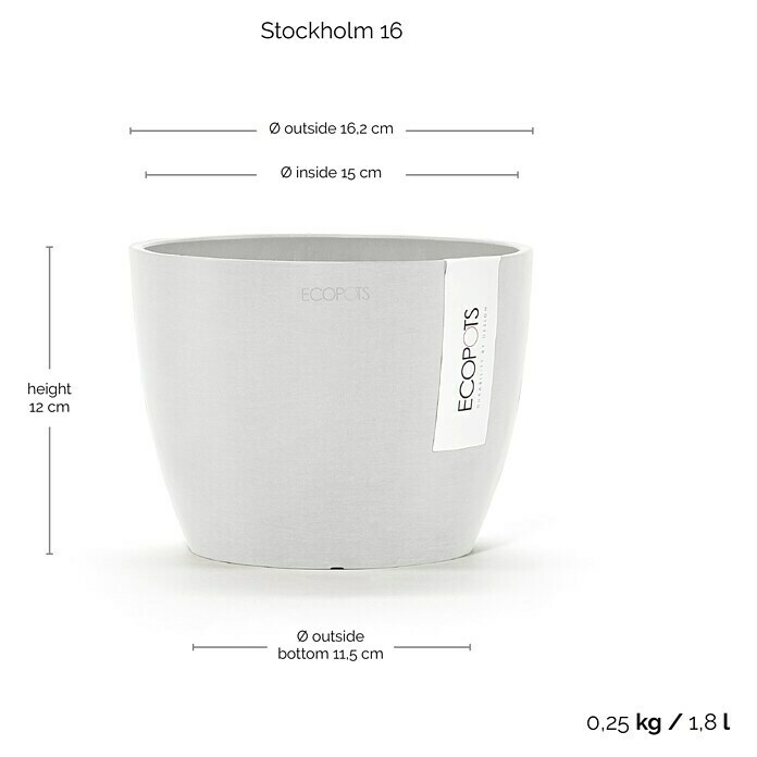 Ecopots Pflanztopf Stockholm (Außenmaß (Ø x H): 16 x 12,5 cm, Kunststoff, Weiß) | BAUHAUS