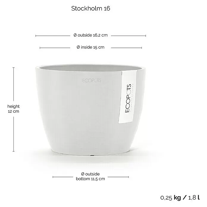 Ecopots Pflanztopf Stockholm - Außenmaß (Ø x H): 16,2 x 12 cm, Kunststoff, Weiß - Hellgrauer Blumentopf, Stockholm 16, ø16,2cm oben, ø11,5cm unten, 12cm hoch, 0,25kg, 1,8L.