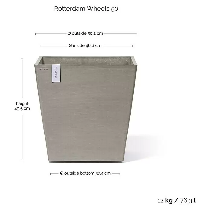 Ecopots Rotterdam Pflanzkasten mit Rollen - Außenmaß (L x B x H): 50,2 x 50,2 x 49,5 cm, Kunststoff, Braungrau - Großer, quadratischer, grauer Pflanzkübel mit strukturierter Oberfläche.