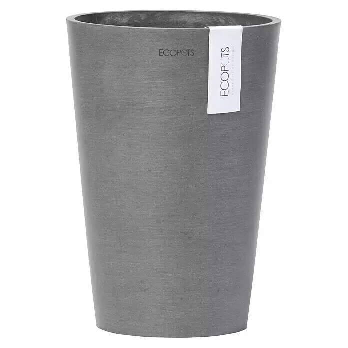 Ecopots Vase Pisa - Ø x H: 14 x 20 cm, Kunststoff, Grau - Ein hoher, texturierter grauer ECOPOTS Pflanztopf mit Markenetikett.