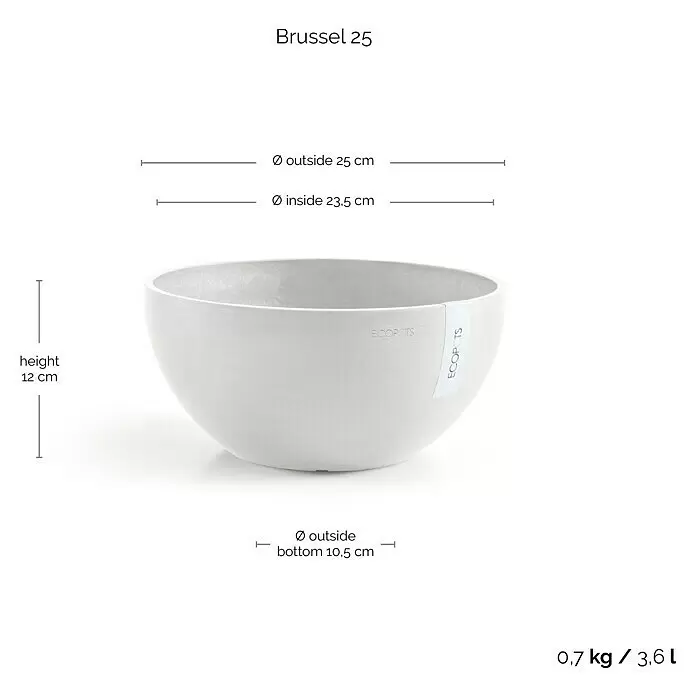 Ecopots Brussels Pflanzschale rund - Außenmaß (Ø x H): 25 x 12 cm, Kunststoff, Weiß - Hellegraue, runde ECOPOTS Brussel 25 Pflanzschale mit Maßen: 25 cm Außendurchmesser, 12 cm Höhe, 3,6 L Volumen.