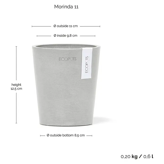 Ecopots Orchideentopf Morinda - Außenmaß (Ø x H): 11 x 12,5 cm, Kunststoff, Weiß Grau - Produktbild: Der Ecopot Morinda 11 Pflanztopf in Grau, mit Maßangaben zu Höhe und Durchmesser, ideal für Zimmerpflanzen.