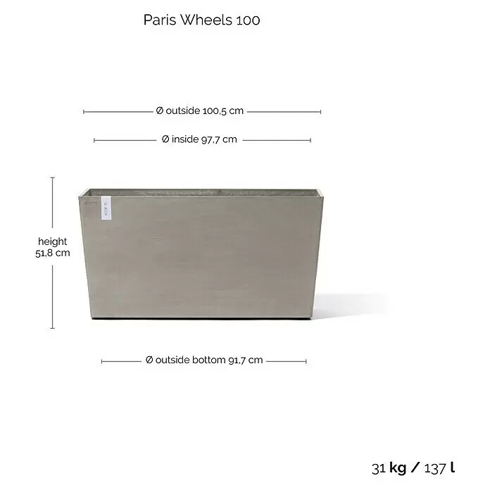 Ecopots Pflanzkasten Paris - Außenmaß (L x B x H): 100,5 x 39,6 x 51,8 cm, Kunststoff, Braungrau, Ausstattung Pflanzgefäß: Rollen - Rechteckiger hellgrauer Pflanzkübel mit Maßangaben für Pflanzen.