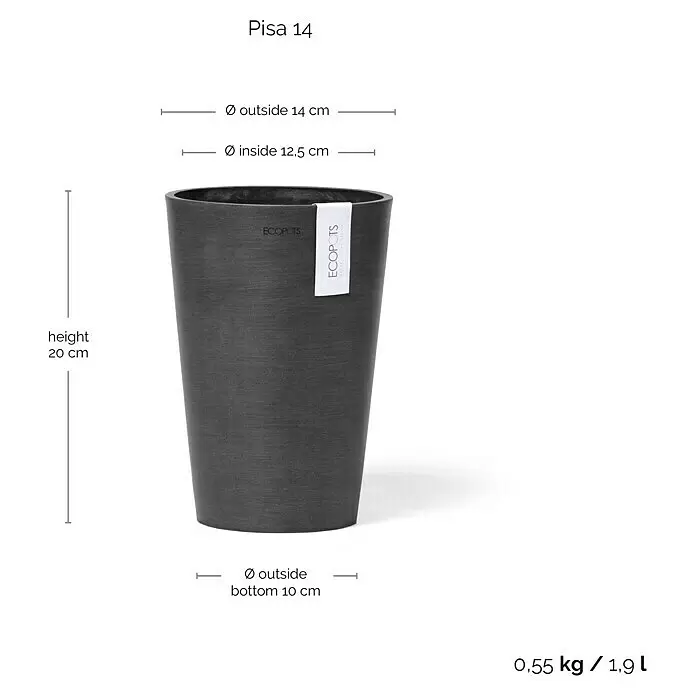 Ecopots Vase Pisa - Ø x H: 14 x 20 cm, Kunststoff, Dunkelgrau - Dunkelgrauer ECOPOTS Pflanztopf mit texturierter Oberfläche, Modell 'Pisa 14'. H 20cm, oben Ø 14cm.
